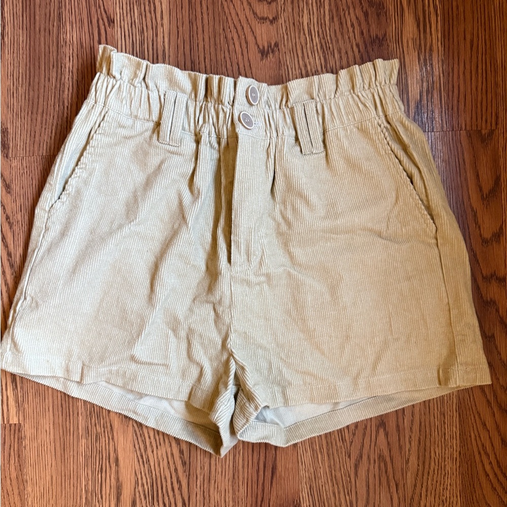 Boutique High-Waist Paperbag Corduroy Shorts in Light Khaki